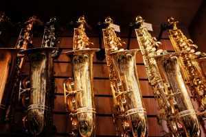 types of saxophones on display